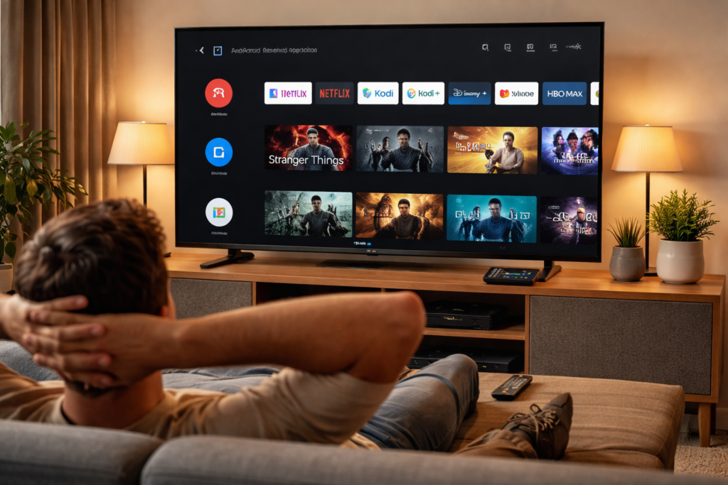 Person relaxing on couch watching content on a large TV with an Android TV box on the TV stand]