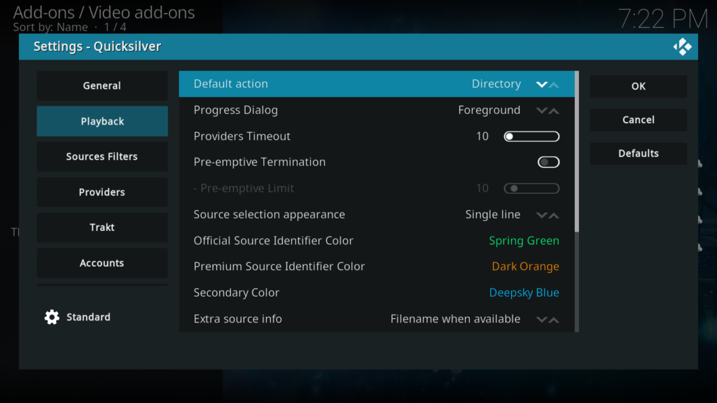 Quicksilver Playback settings screen showing resolution preference options including 720p, 1080p, and 4K