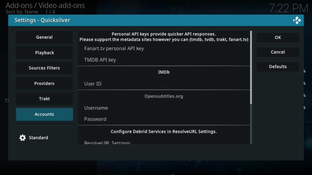 Quicksilver Settings Accounts tab showing Real-Debrid login fields with username and password inputs