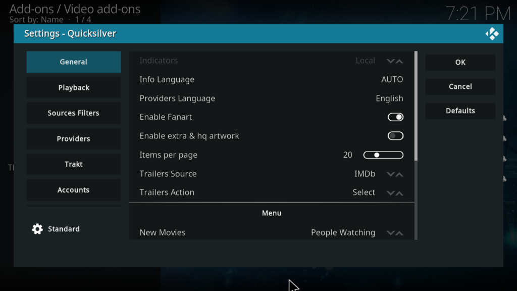  Quicksilver Settings screen showing the ProvidersScrapers tab with a list of available sources and their toggle states