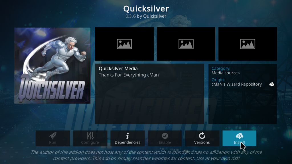 Quicksilver addon entry page inside the repository browser showing the addon name, description, and Install button