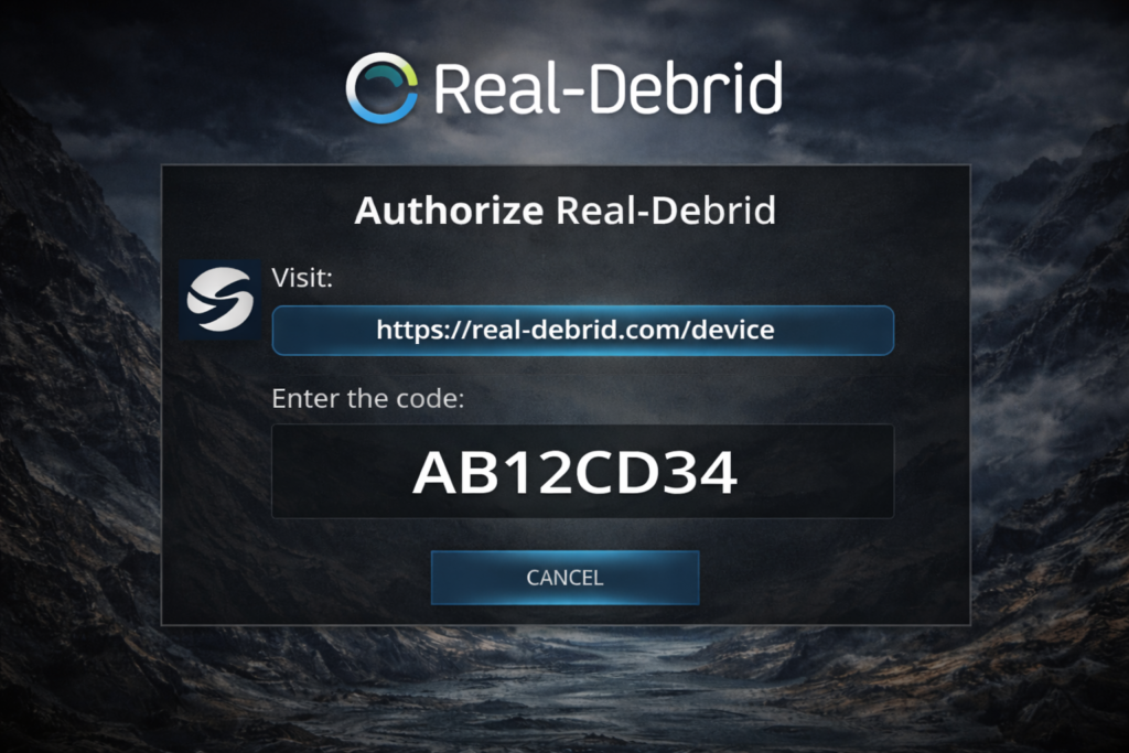  Seren Real Debrid authorization screen showing device code in Kodi