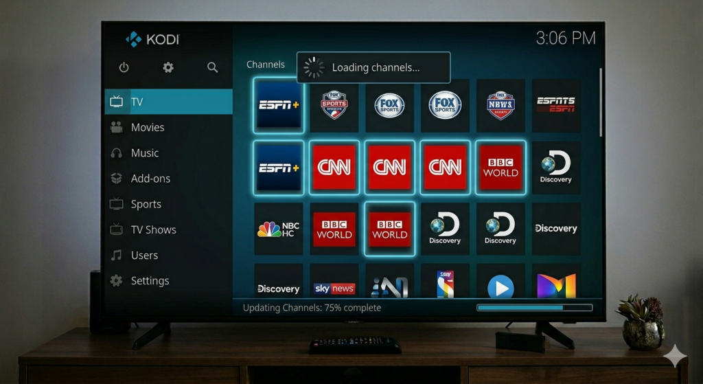 The Kodi main menu with the TV section selected, showing a loading bar and channel logos populating after setting up an IPTV playlist.