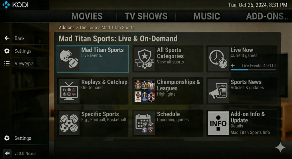Mad Titan Sports Kodi Addon US Sports Coverage
