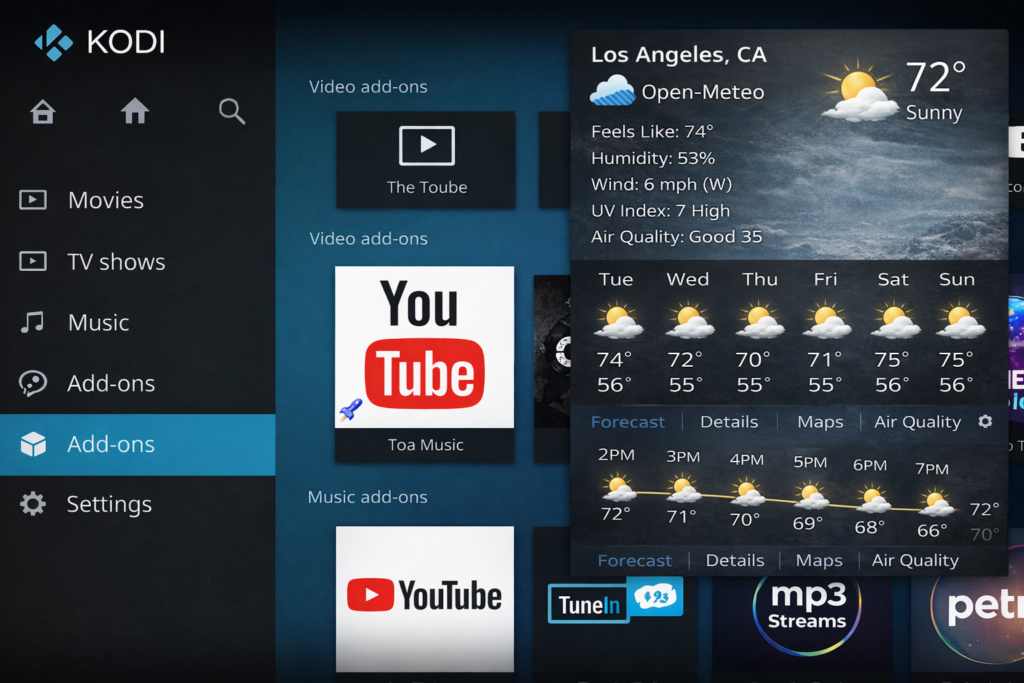 open-meteo kodi weather addon home screen display