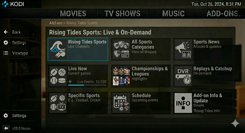 Rising Tides Kodi Sports Addon Live Events