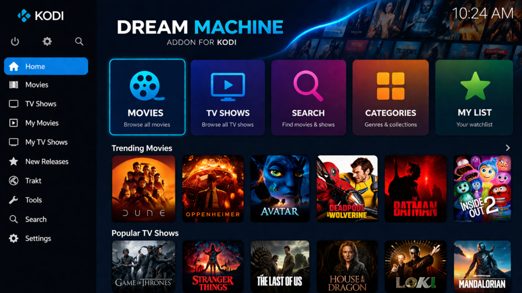  Screenshot of the Dream Machine addon home screen inside Kodi, showing main menu categories like Movies, TV Shows, and Search