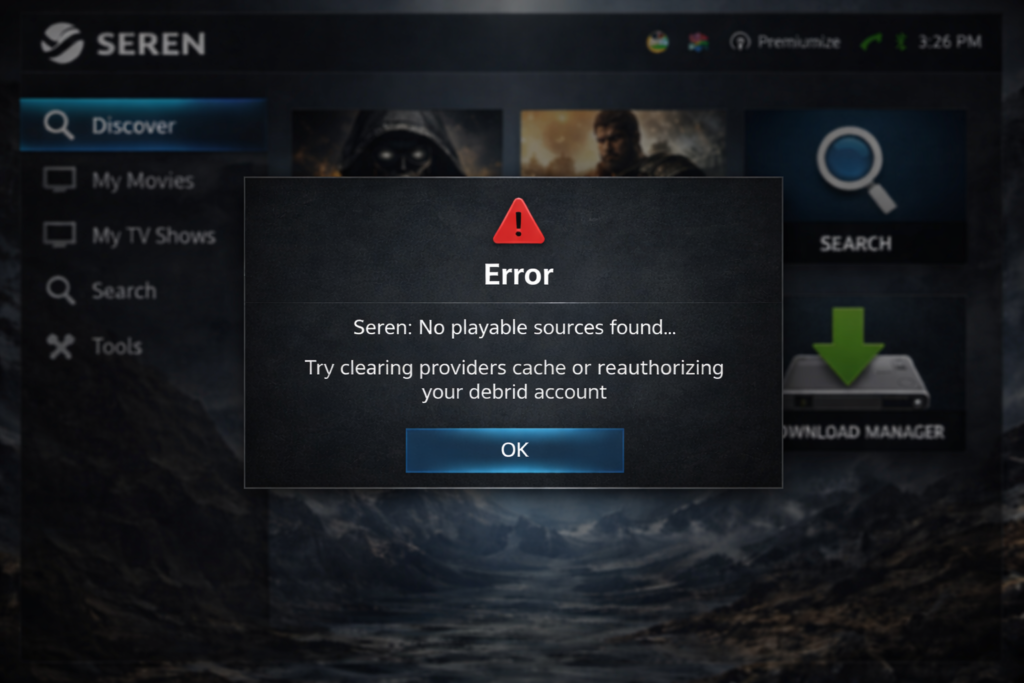 Seren addon showing no streams found error in Kodi 21
