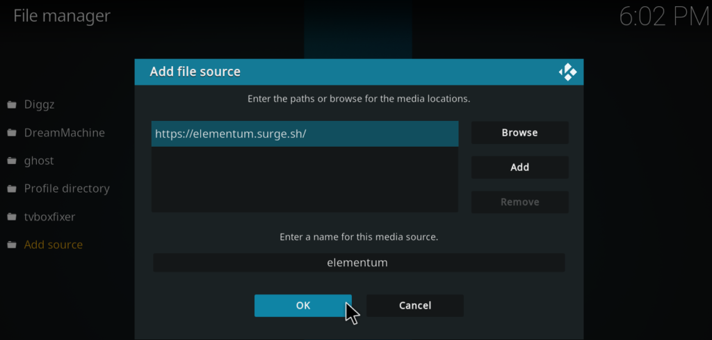  Source name field filled in as Elementum with the OK button visible