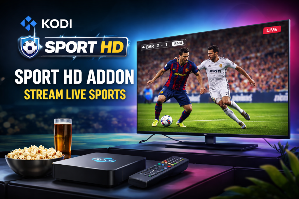 Sport HD addon Kodi hero banner showing live football on a TV box screen