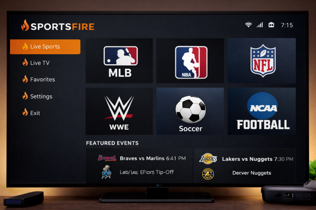 Sportsfire Firestick app UI 2026