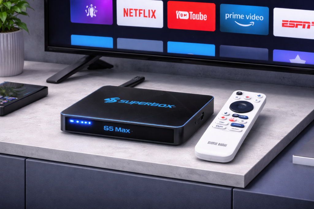 Superbox S5 Max device on TV stand with remote and streaming apps on screen