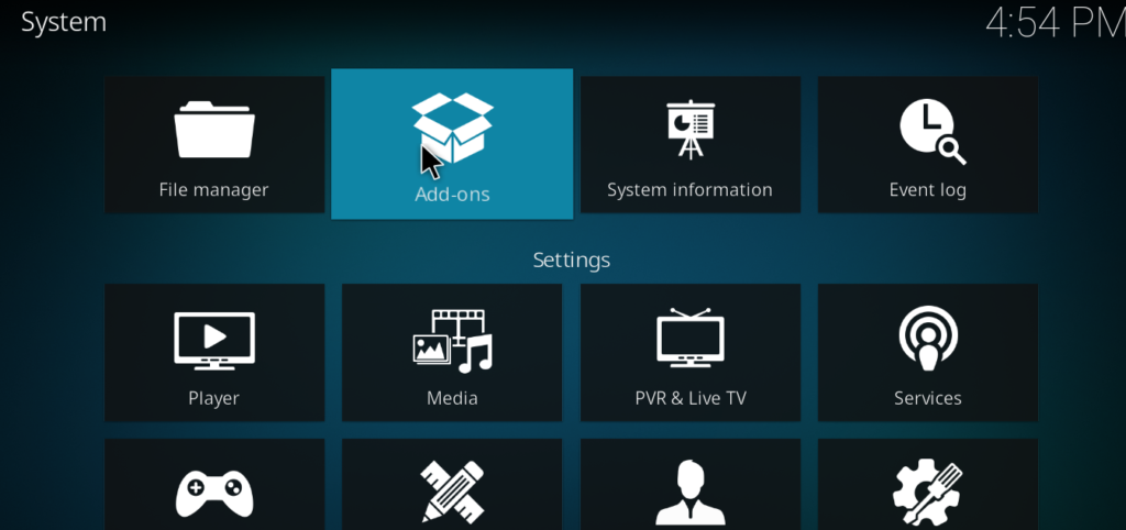 Kodi Add-ons browser screen with the open box/package icon highlighted in the top-left corner