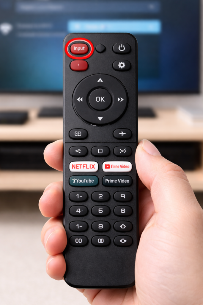 TV remote with the InputSource button clearly highlighted in red