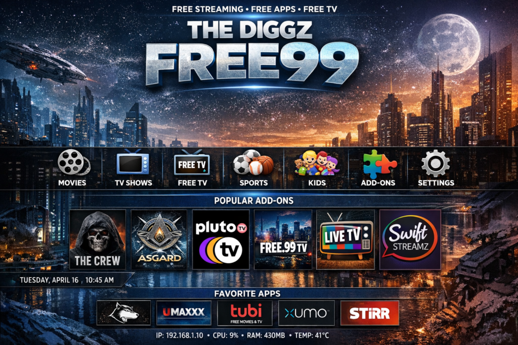 The Diggz Free99 Kodi home screen after installation