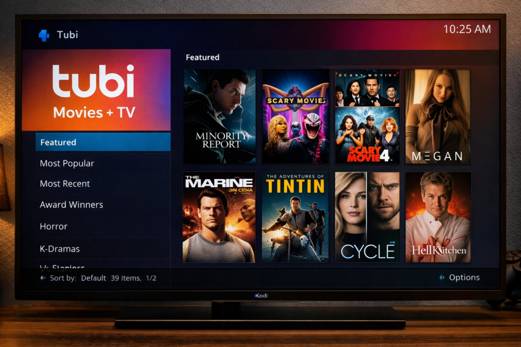 Tubi official addon browsing screen on Kodi 21 Omega