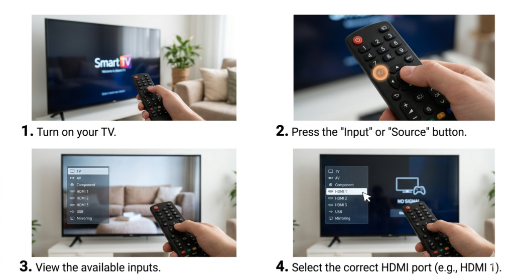Turn on your TV. Press the Input or Source button on your TV remote. A menu appears showing all available inputs. Select the HDMI port you used — for example HDMI 1.