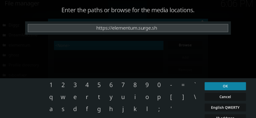 URL input dialog with the Elementum repository address typed in the text field]
