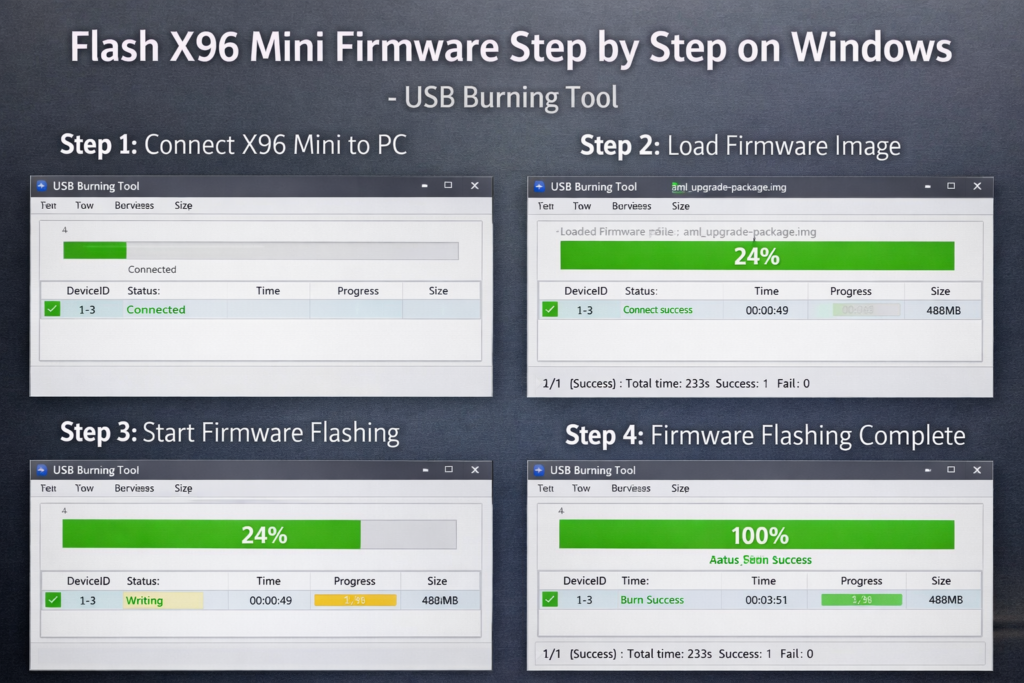 USB Burning Tool progress screen — flash X96 Mini firmware step by step on Windows