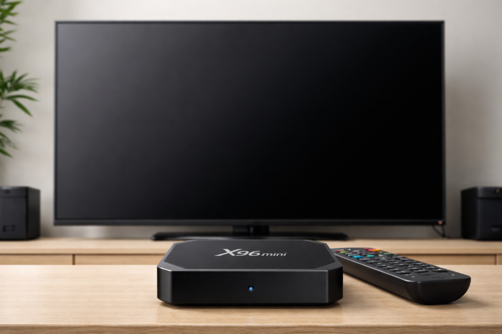  X96 Mini Android TV box not turning on — front view with blank screen