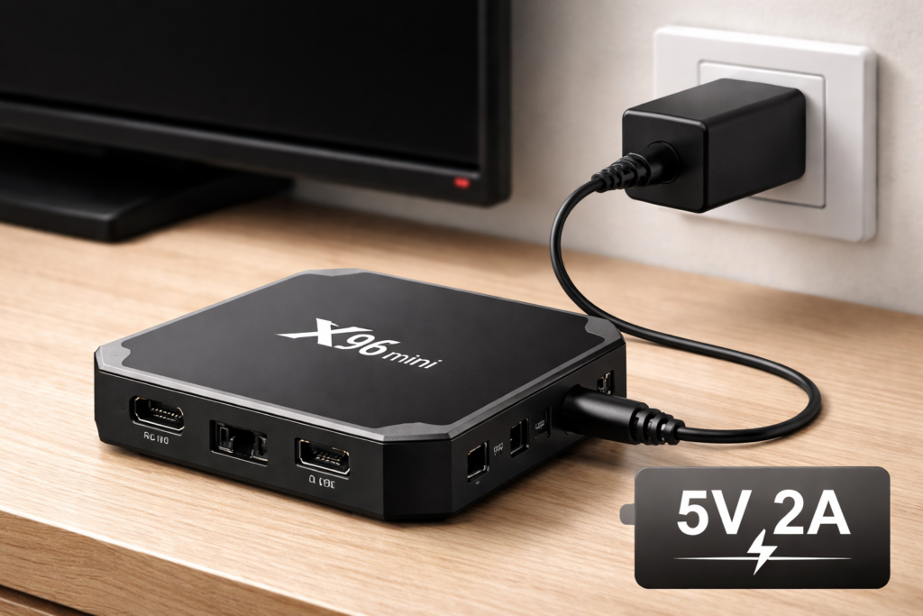 X96 Mini power adapter 5V 2A connected to TV box — proper power setup