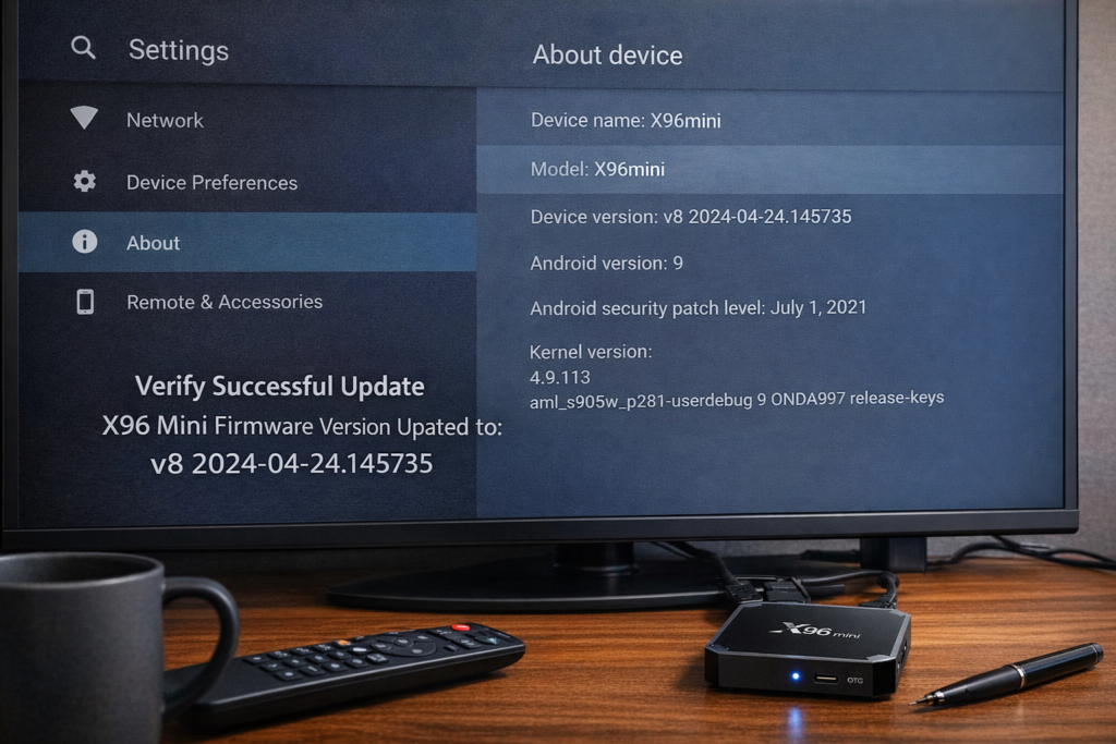 X96 Mini settings about device firmware version — verify successful update Android TV box firmware