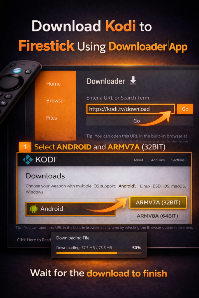Downloader app on Firestick showing Kodi download URL entered, selecting Android ARM 32-bit version, and download progress bar in progress