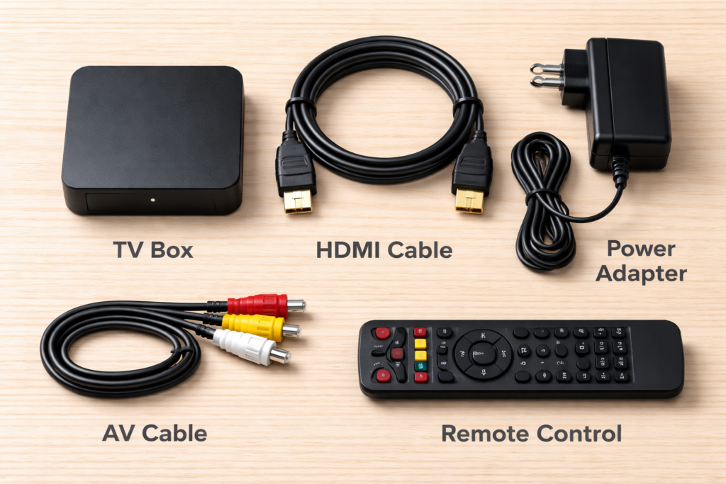 how to connect tv box to tv — all required items laid out TV box, HDMI cable, AV cable, power adapter, and remote control