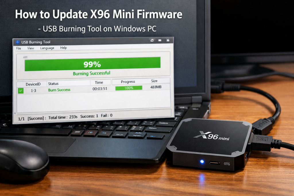 how to update X96 Mini firmware — USB Burning Tool connected to Android TV box on Windows PC