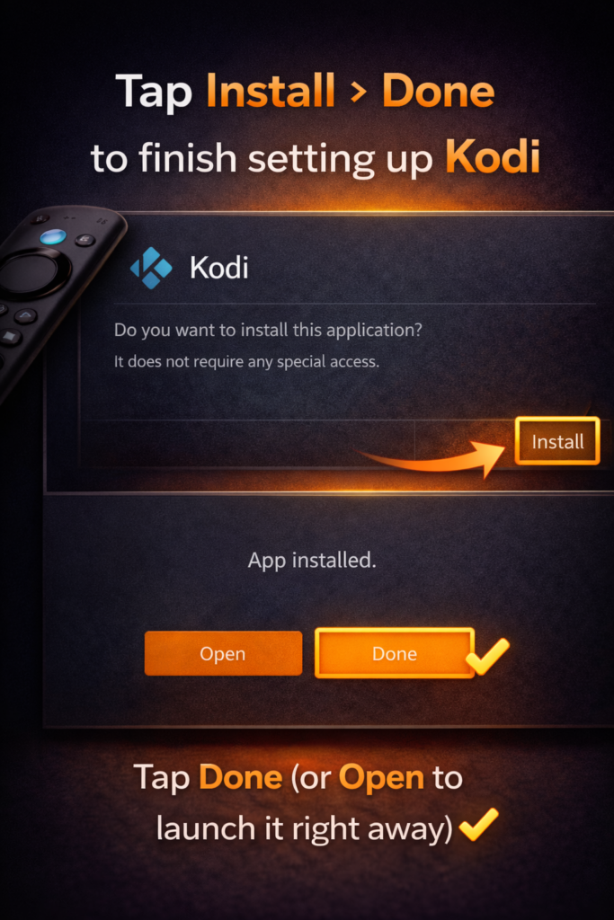 Firestick screen showing Kodi installation with Install button highlighted, followed by Done or Open options after successful installation