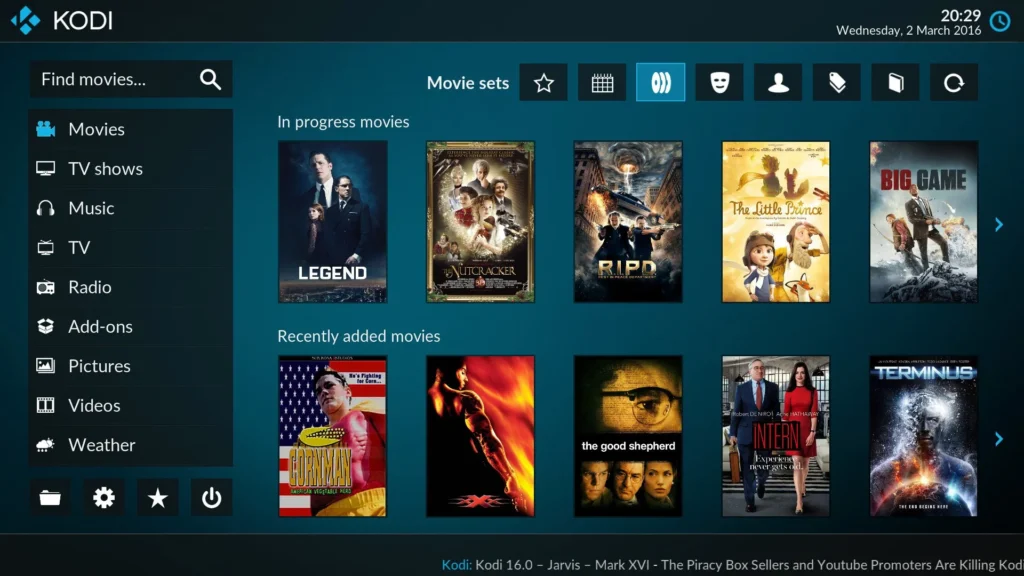 Kodi 21 Omega home screen running on an Android TV Box