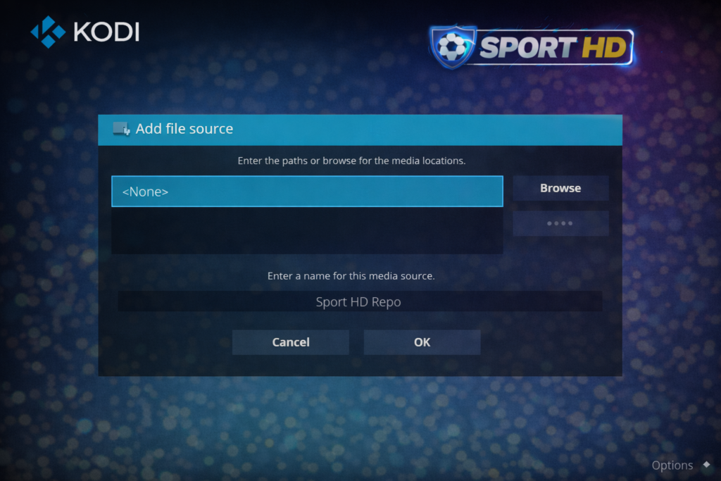 kodi add file source dialog box with none field ready for sport hd addon kodi repo url