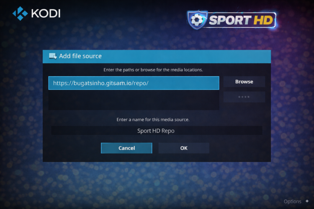 kodi add source dialog showing url and sporthdrepo name entered for sport hd addon kodi