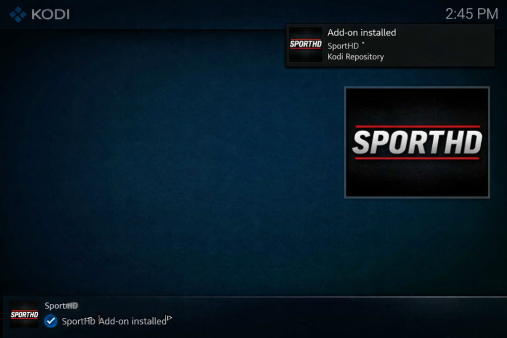 kodi addon installed notification confirming sport hd addon kodi repository is ready