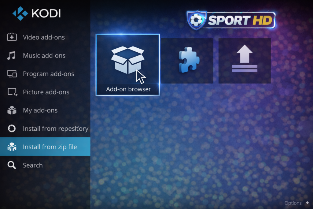 kodi addons screen with open box package installer icon highlighted for sport hd addon kodi