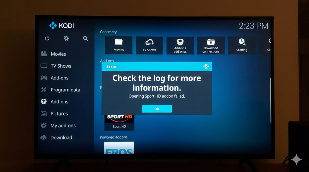 kodi error message check the log shown while opening sport hd addon kodi