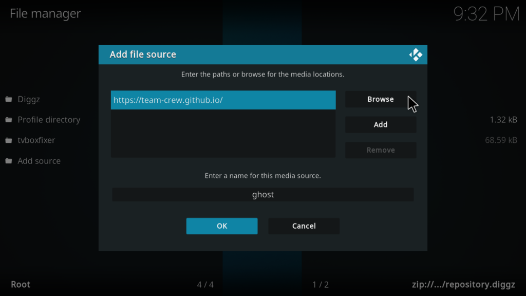 adding Ghost Kodi addon repository source in File Manager