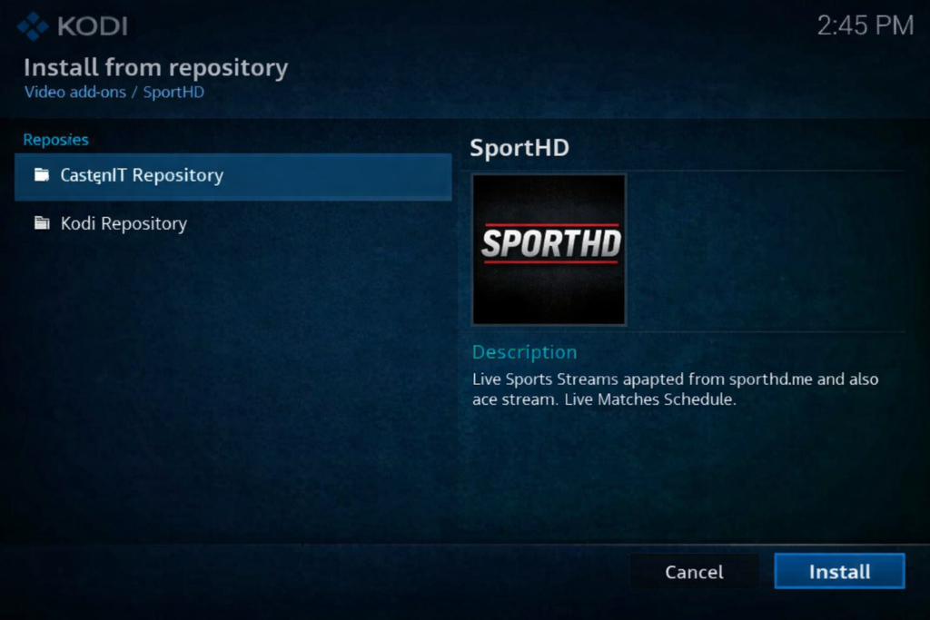 kodi install from repository screen for sport hd addon kodi final step