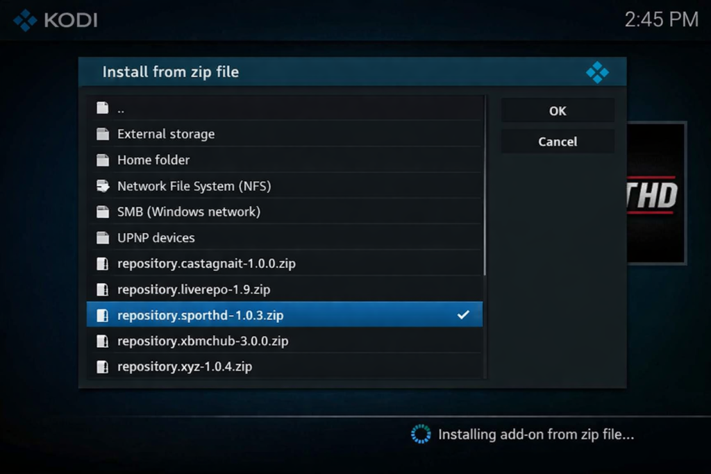 kodi install from zip file menu open during sport hd addon kodi repository install