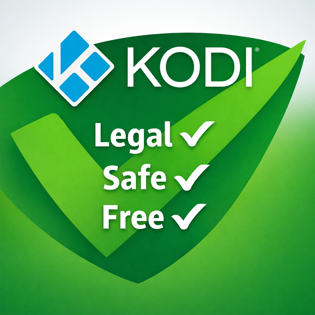 is kodi legal: Kodi logo on a green checkmark background with “Legal Safe Free” indicators showing Kodi as safe and legal to use