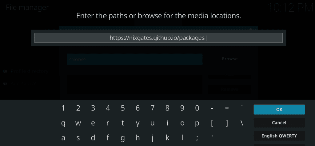 Kodi Add Source dialog with https://nixgates.github.io/packages entered in the URL field