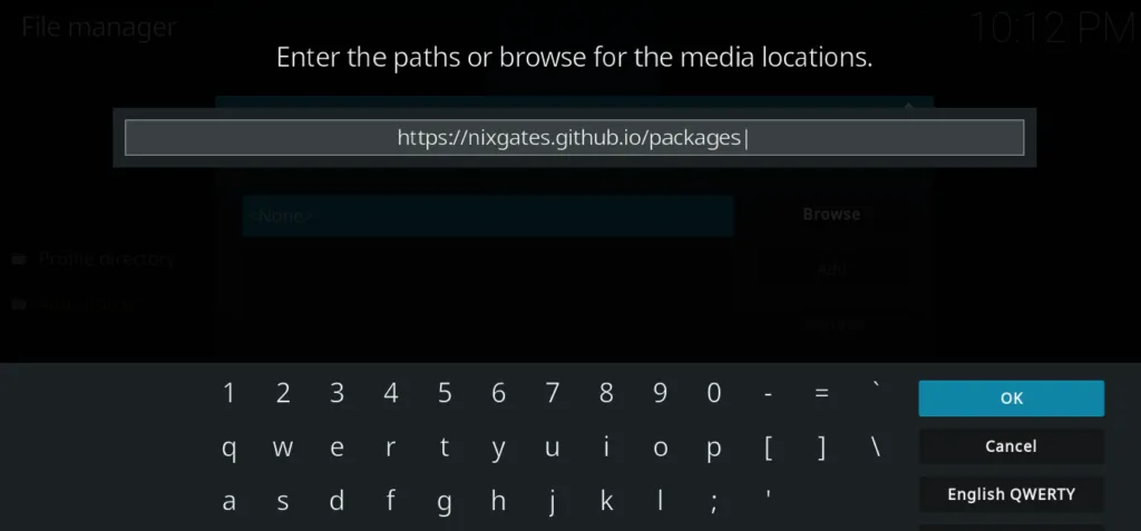 Kodi Add Source dialog with https://nixgates.github.io/packages entered in the URL field