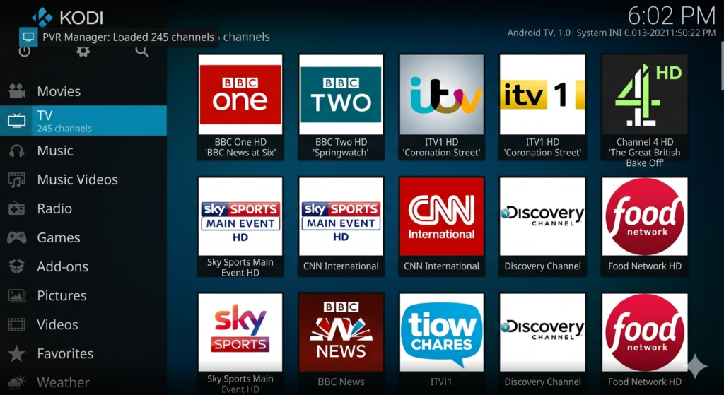 Kodi home screen using the Estuary dark skin with the TV menu section highlighted, showing a grid of live channel tiles including news and sports after successful PVR IPTV Simple Client configuration.