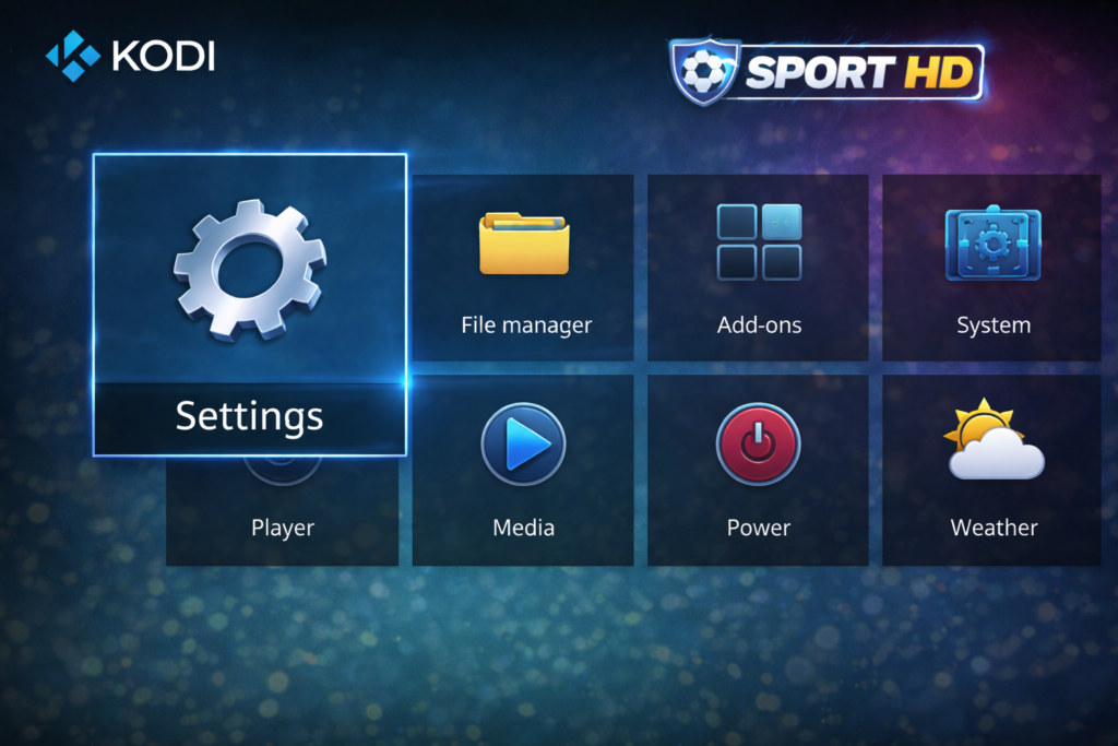 kodi settings screen with gear icon highlighted for sport hd addon kodi setup