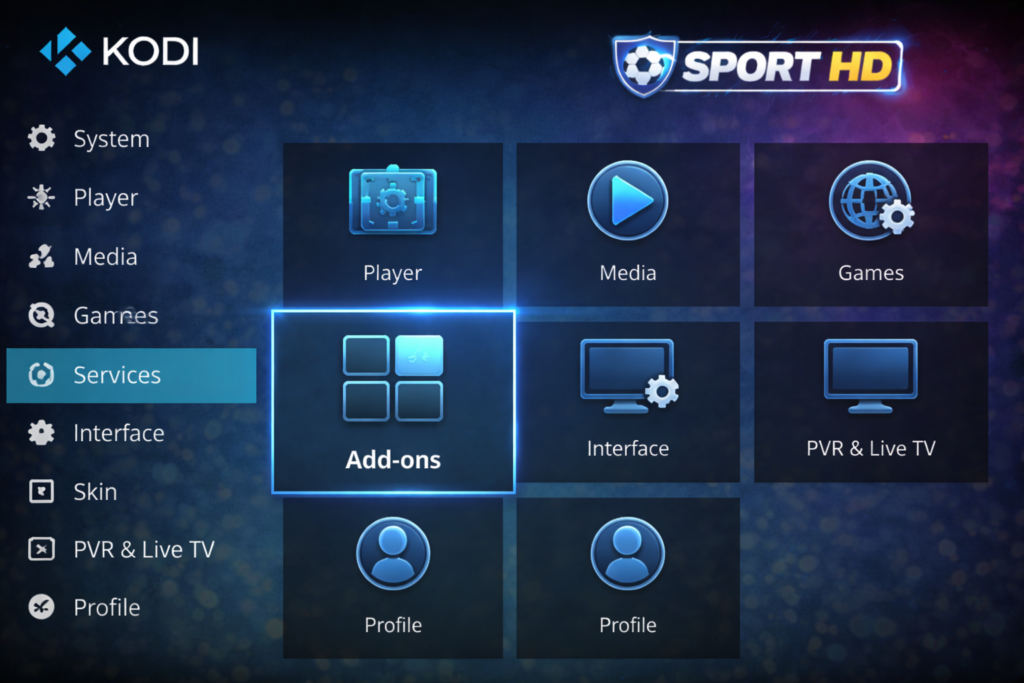 kodi system menu with add-ons option highlighted during sport hd addon kodi install