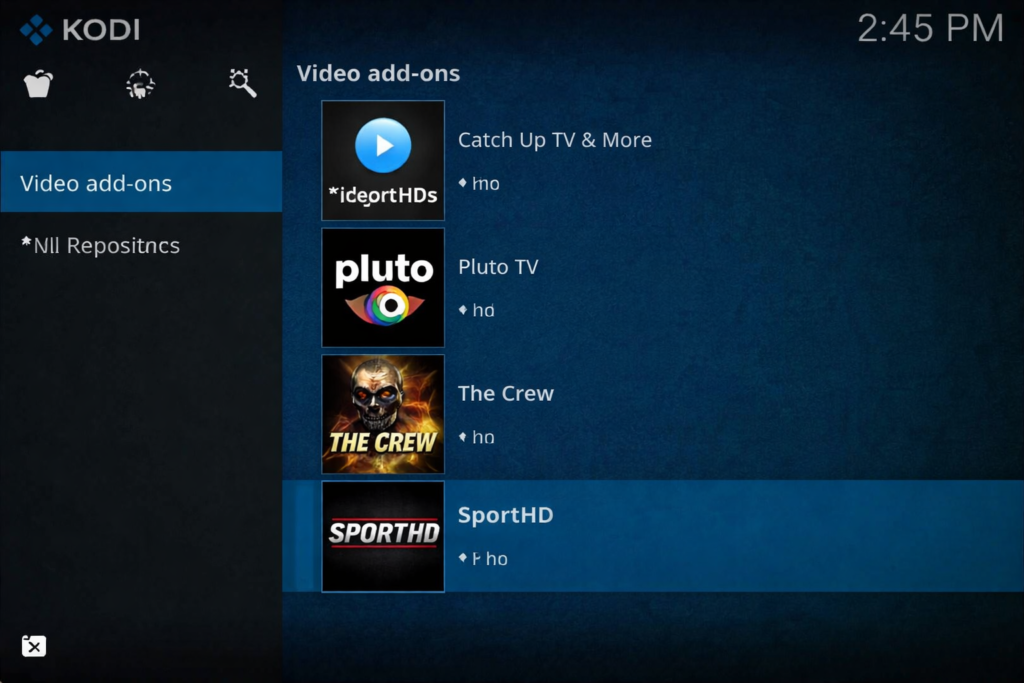 kodi video addons folder open showing sport hd addon kodi in the list