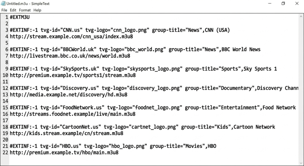 Screenshot of a text editor window titled 'Untitled.m3u - SimpleText' showing a plain text example of an M3U playlist file, with lines of text detailing various TV channel entries and their URLs.