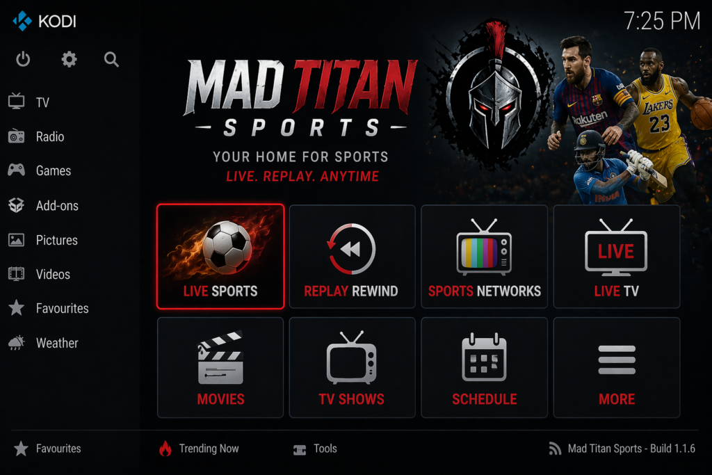 Mad Titan Sports Kodi addon main menu showing Live Sports, Replay Rewind, Sports Networks, Live TV, Movies, and TV Shows
