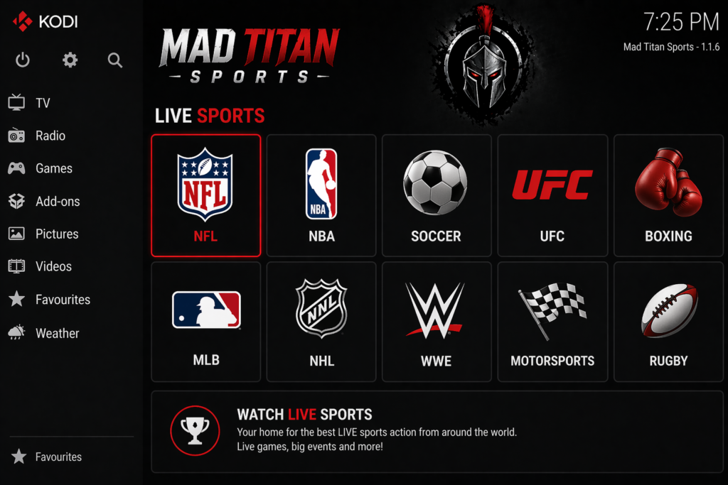 Mad Titan Sports Kodi addon Live Sports section showing NFL, NBA, Soccer, UFC, and Boxing categories
