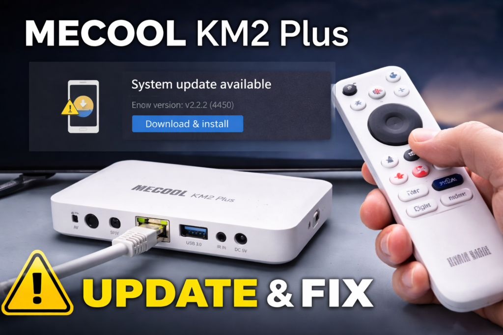 MECOOL KM2 Plus system update screen with update and fix message
